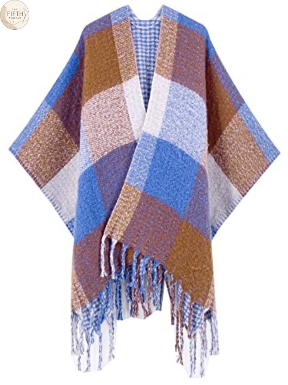 Plaid Shawl Wrap Poncho Ruana Tassel Open Front 100% Acrylic